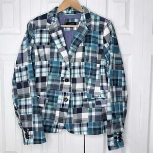 Talbots Blazer Jacket Womens Size 14 blue Madras Plaid Cotton Lined NWOT